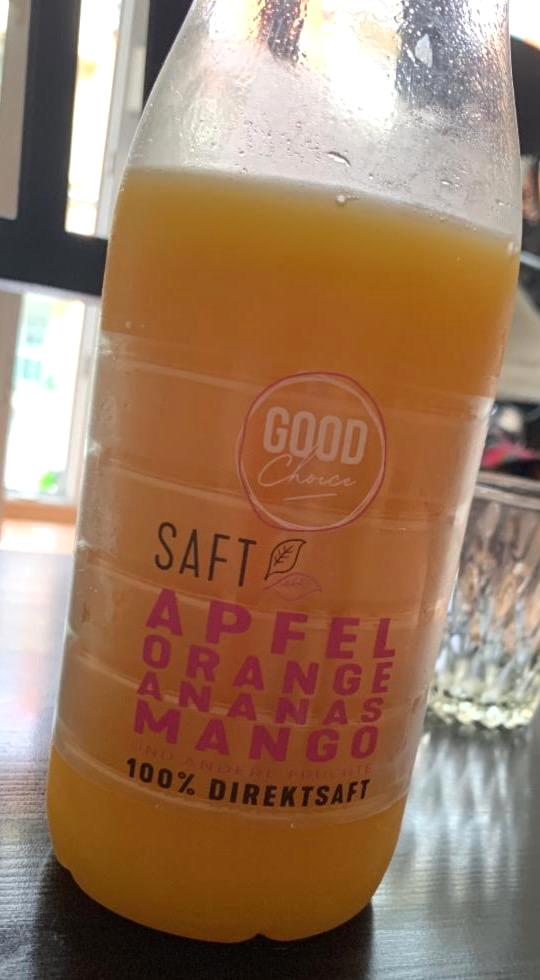 Fotografie - Apfel orange ananas mango 100% direktsaft Good choice