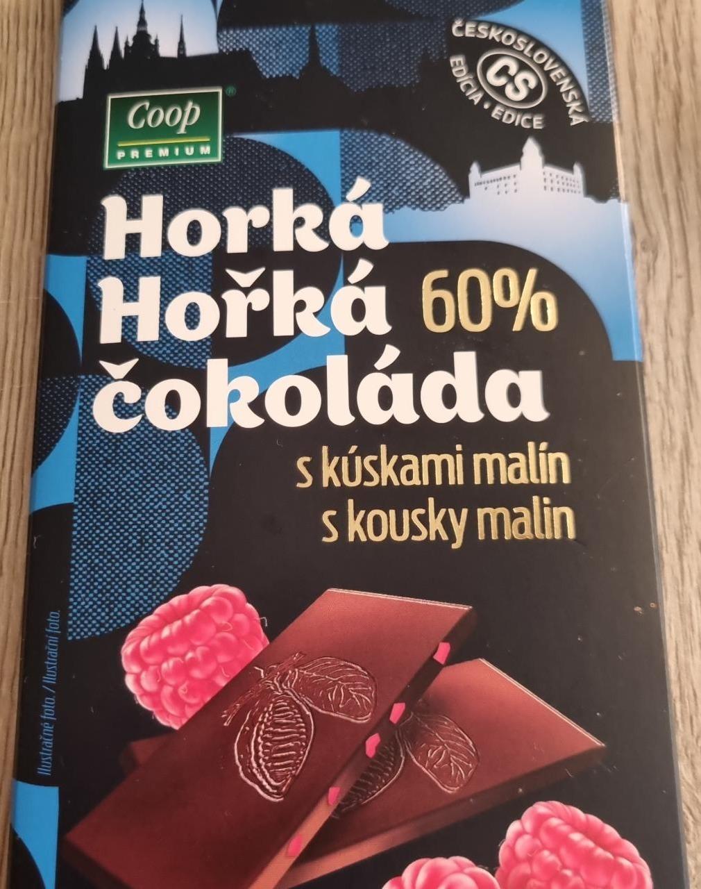 Fotografie - Horká 60% čokoláda s kousky malin Coop Premium