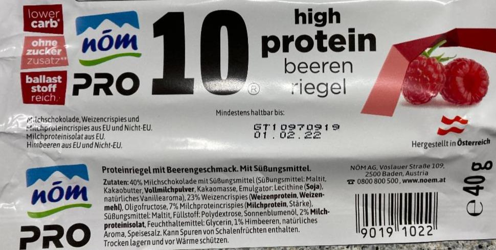 Fotografie - nōm pro 10 high protein beeren riegel