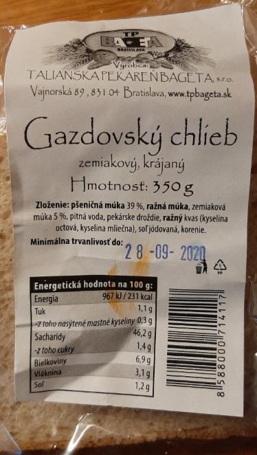 Fotografie - Gazdovský chlieb zemiakový, krájaný TP Bageta