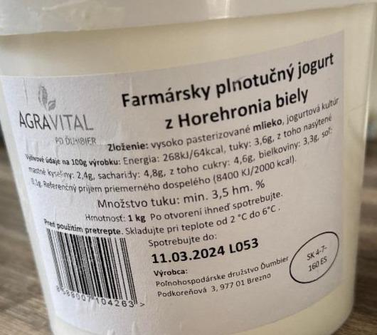 Fotografie - Farmársky plnotučný jogurt z Horehronia biely Agravital