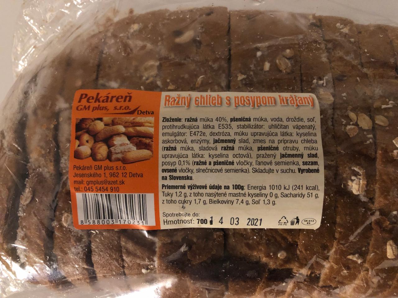 Fotografie - Ražný chlieb s posypom krajaný Pekáreň GM plus
