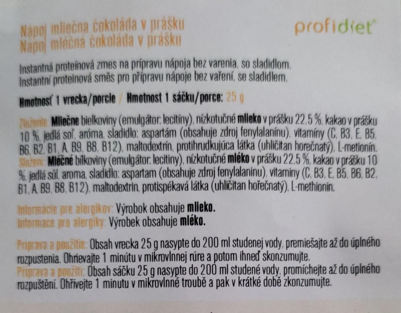 Fotografie - Nápoj mliečna čokoláda v prášku Profidiet