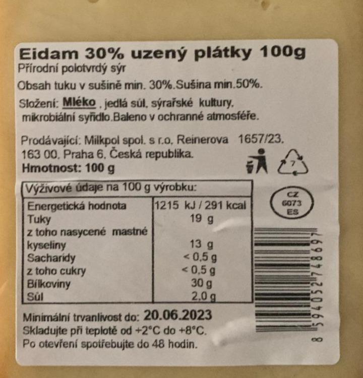 Fotografie - Eidam 30% údený plátky Milkpol