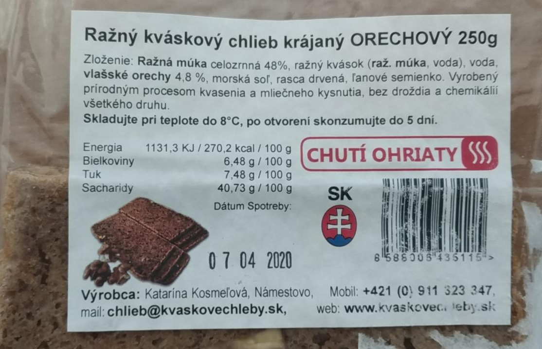 Fotografie - Ražný kváskový chlieb krajaný ORECHOVÝ 250g