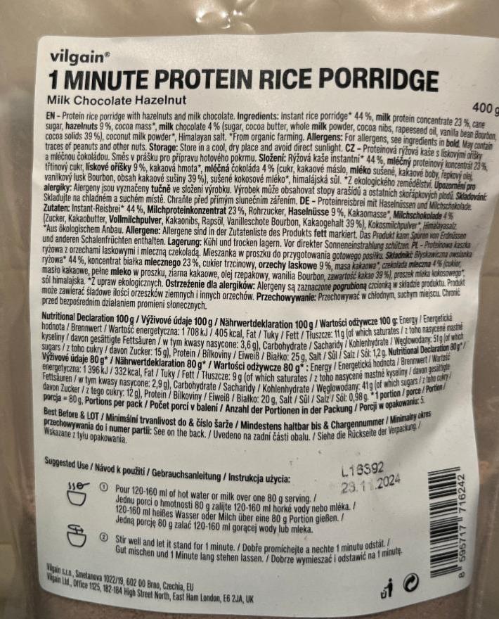 Fotografie - 1 Minute Protein Rice Porridge Milk Chocolate Hazelnut Vilgain