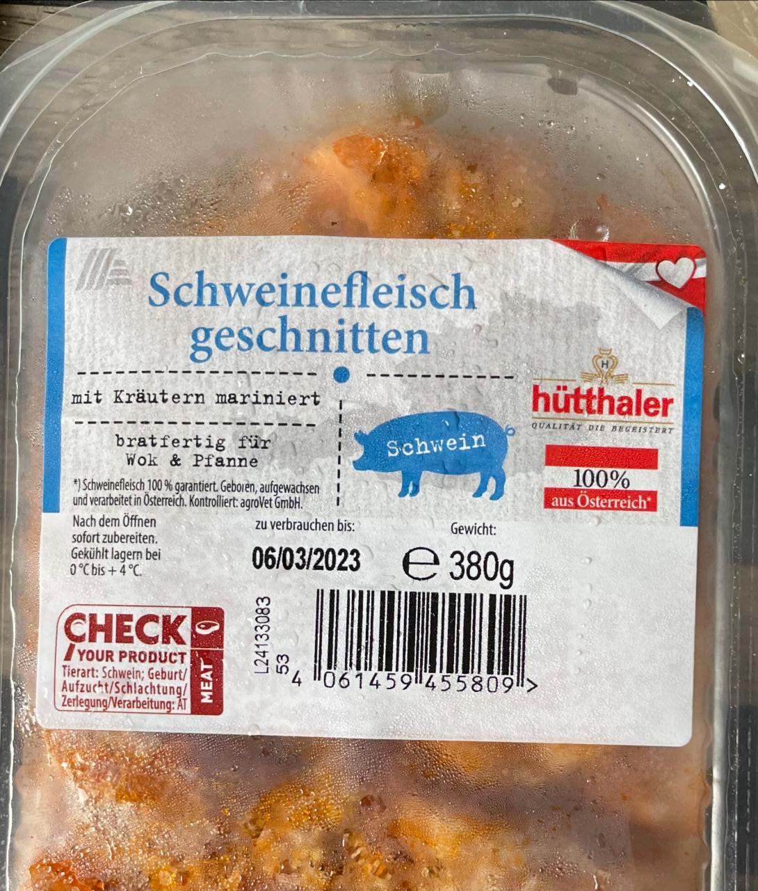 Fotografie - Schweinefleisch geschnitten Hütthaler