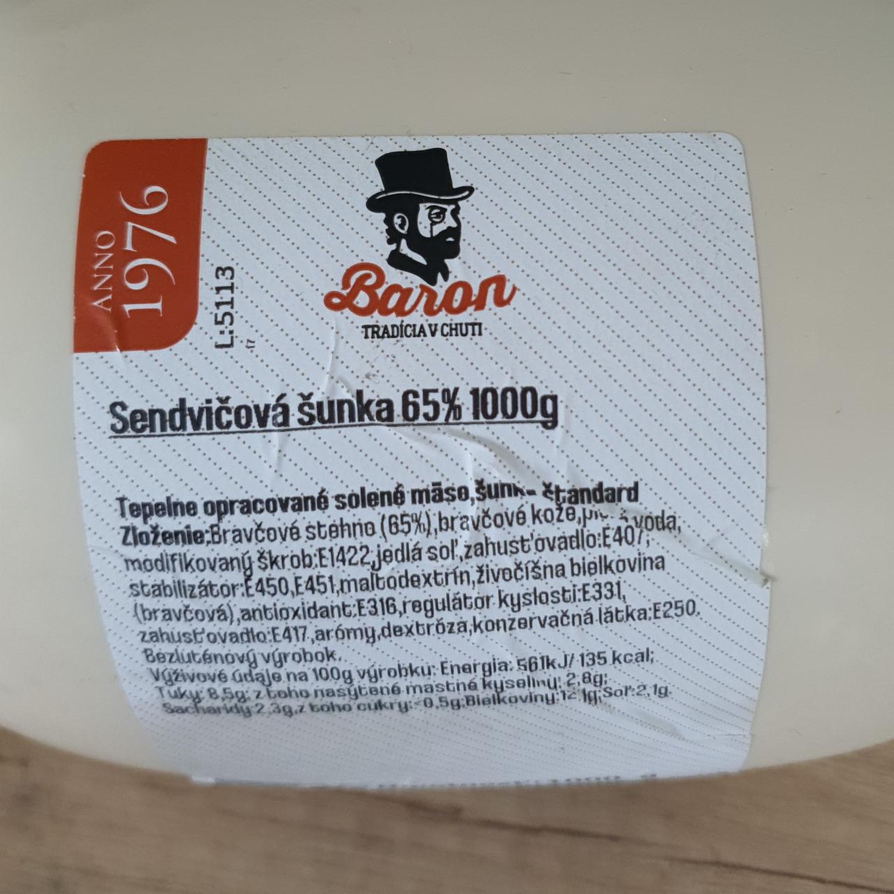 Fotografie - Sendvičová šunka 65% Baron