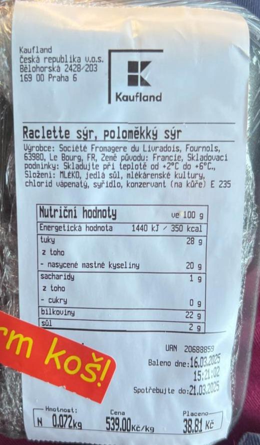 Fotografie - Raclette sýr, poloměkký sýr Kaufland