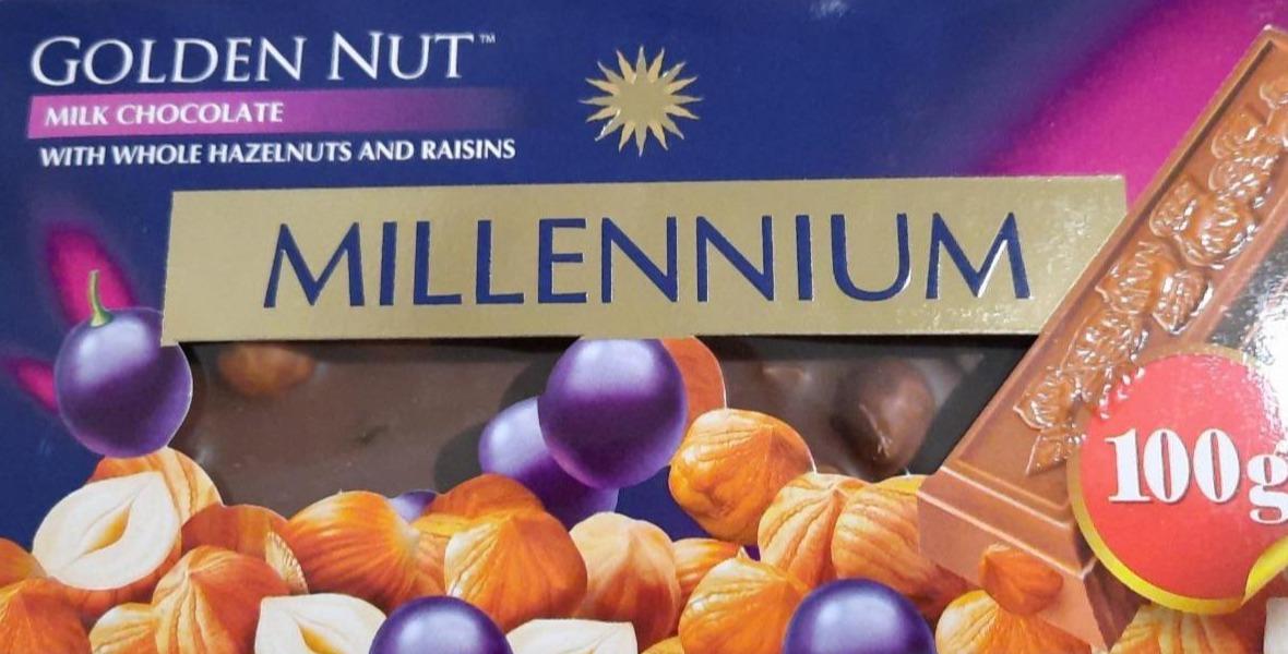 Fotografie - Millennium Golden nut milk chocolate with whole hazelnuts and raisins