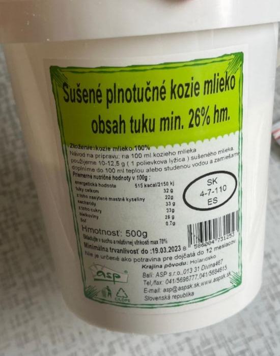 Fotografie - Sušené plnotučné kozie mlieko obsah tuku 26% ASP