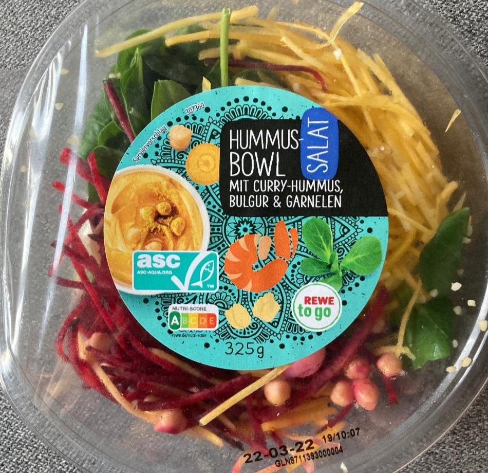 Fotografie - humus bowl salat mit curry-hummus, bulgur & garnelen Rewe to go