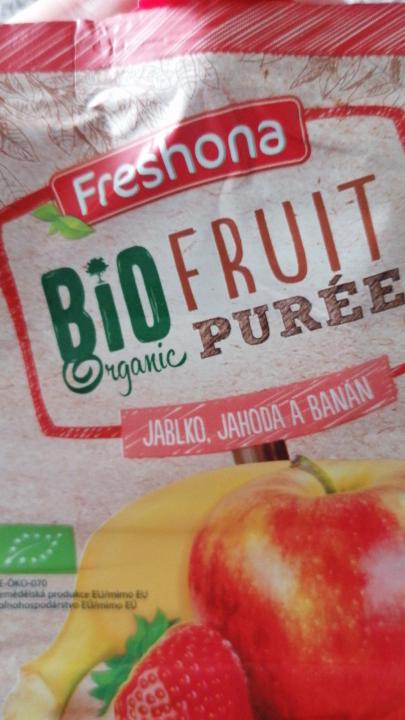 Fotografie - Freshona bio organic fruit purée jablko, jahoda, banán