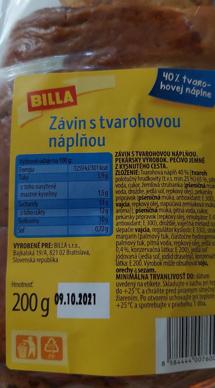 Fotografie - Billa závin s tvarohovou náplňou 40% tvarohovej náplne