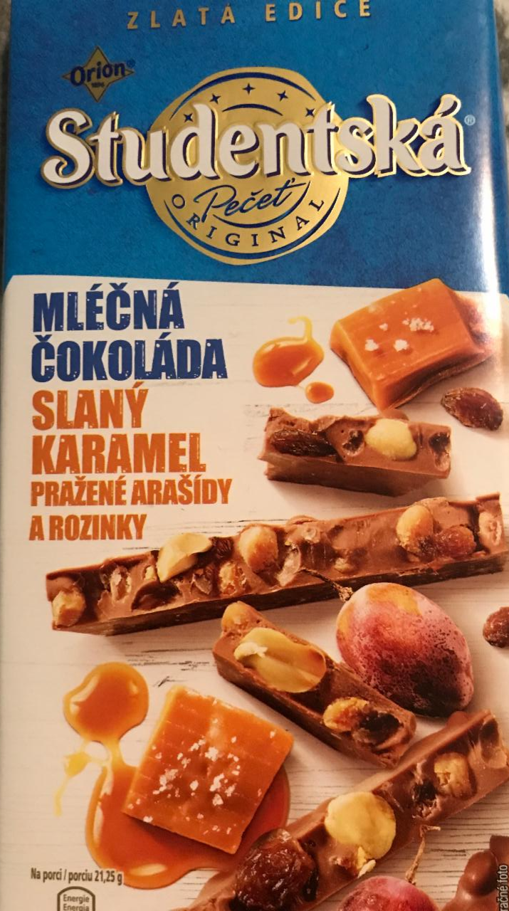 Fotografie - študentská pečať mliečna čokoláda slaný karamel, pražené arašidy a hrozienka