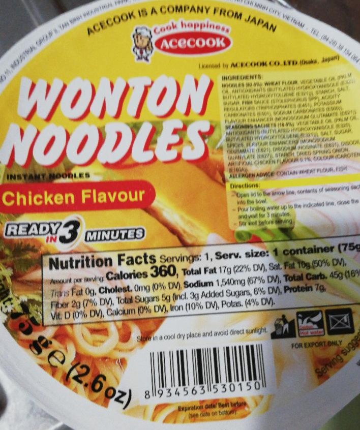 Fotografie - Wonton Instant Noodles Chicken Flavour Acecook