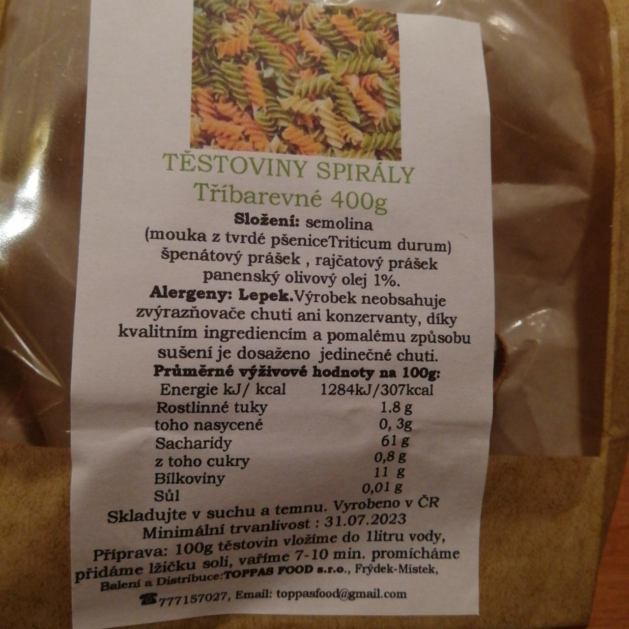 Fotografie - Těstoviny spirály Tříbarevné Toppas food