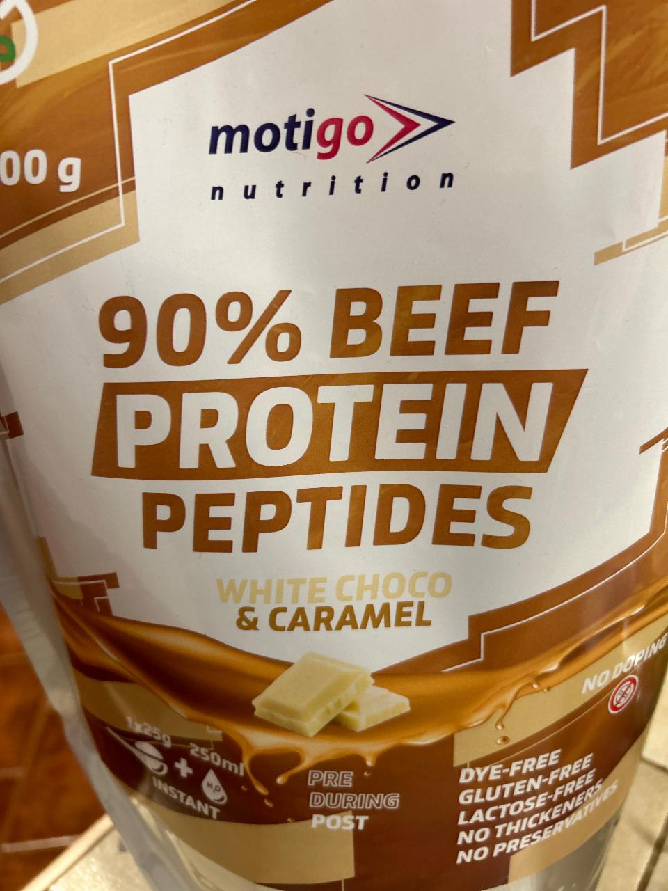 Fotografie - 90% Beef Protein Peptides White Choco & Caramel Motigo Nutrition