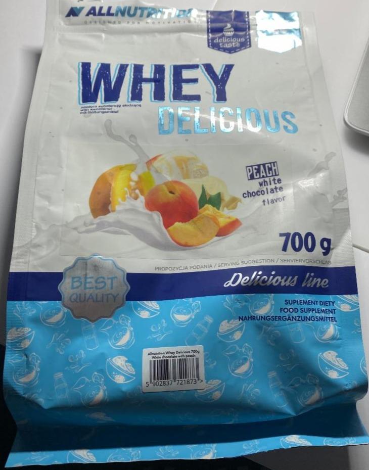 Fotografie - Whey Delicious Protein peach white chocolate Allnutrition