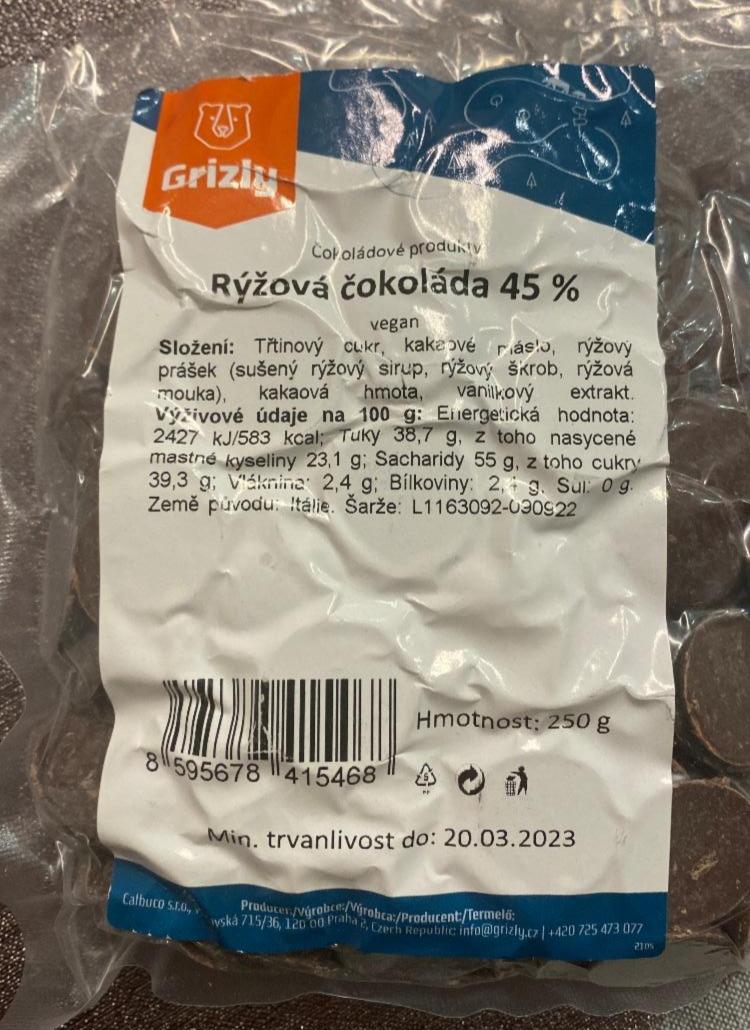 Fotografie - Rýžová čokoláda 45% Grizly