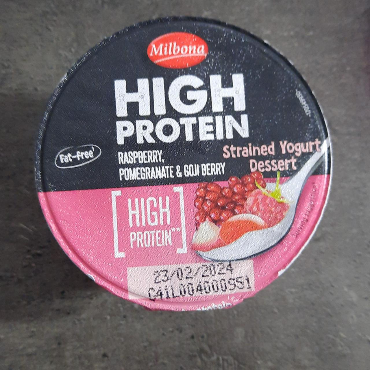 Fotografie - High Protein Raspberry, Pomegranate & Goji Berry Strained Yogurt Dessert Milbona