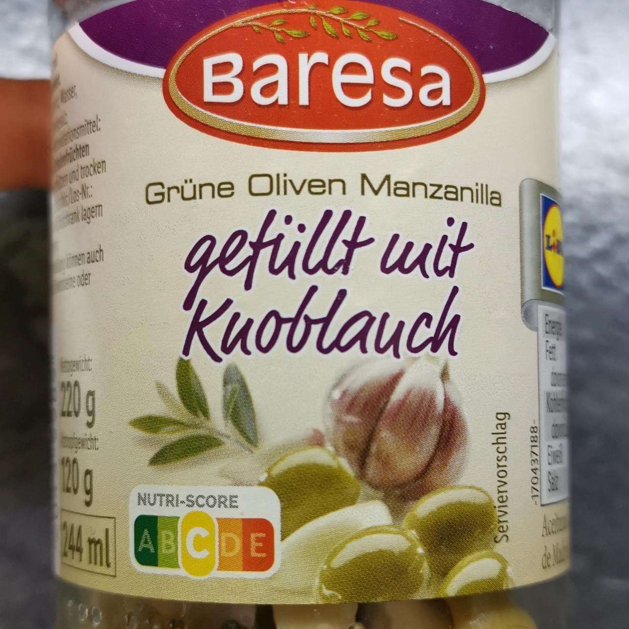 Grüne Oliven Manzanilla gefüllt mit Knoblauch Baresa - kalórie, kJ a  nutričné hodnoty