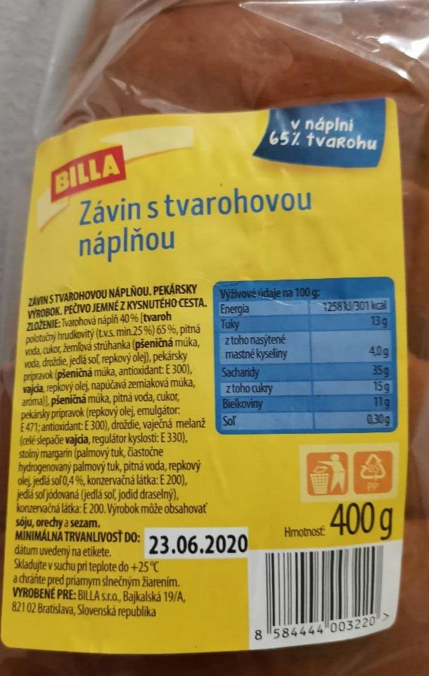 Fotografie - Billa závin s tvarohovou náplňou 65% tvarohu