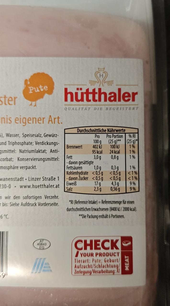 Saftiger Puten-Toaster Hütthaler - kalórie, kJ a nutričné hodnoty ...