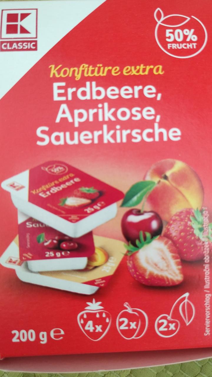 Fotografie - Konfitüre extra Erdbeere, Aprikose, Sauerkirsche K-Classic