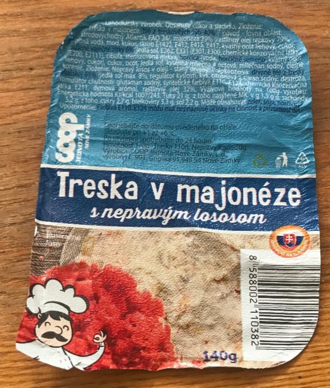 Fotografie - treska v majonéze s nepravým lososom coop jednota NZ