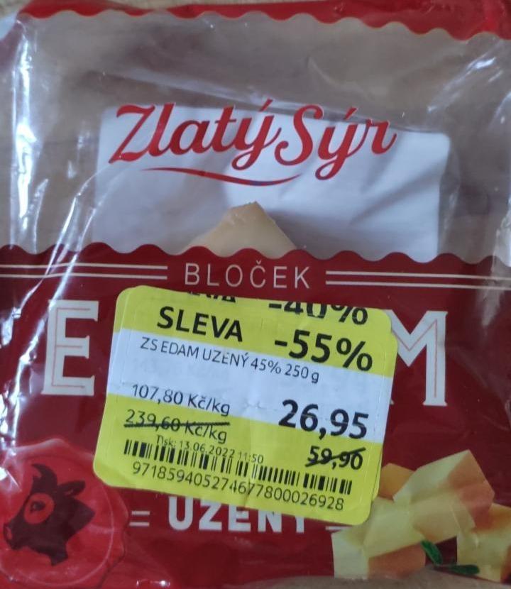 Fotografie - Zlatý sýr bloček eidam 45% uzený Milkpol