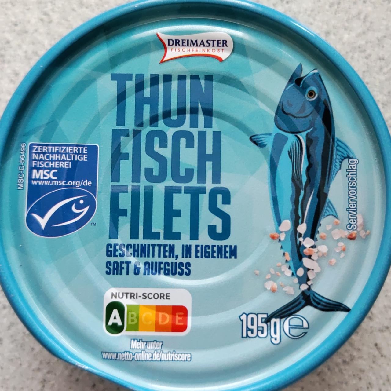 Fotografie - Thunfisch filets geschnitten, in eigenem saft & aufguss Dreimaster