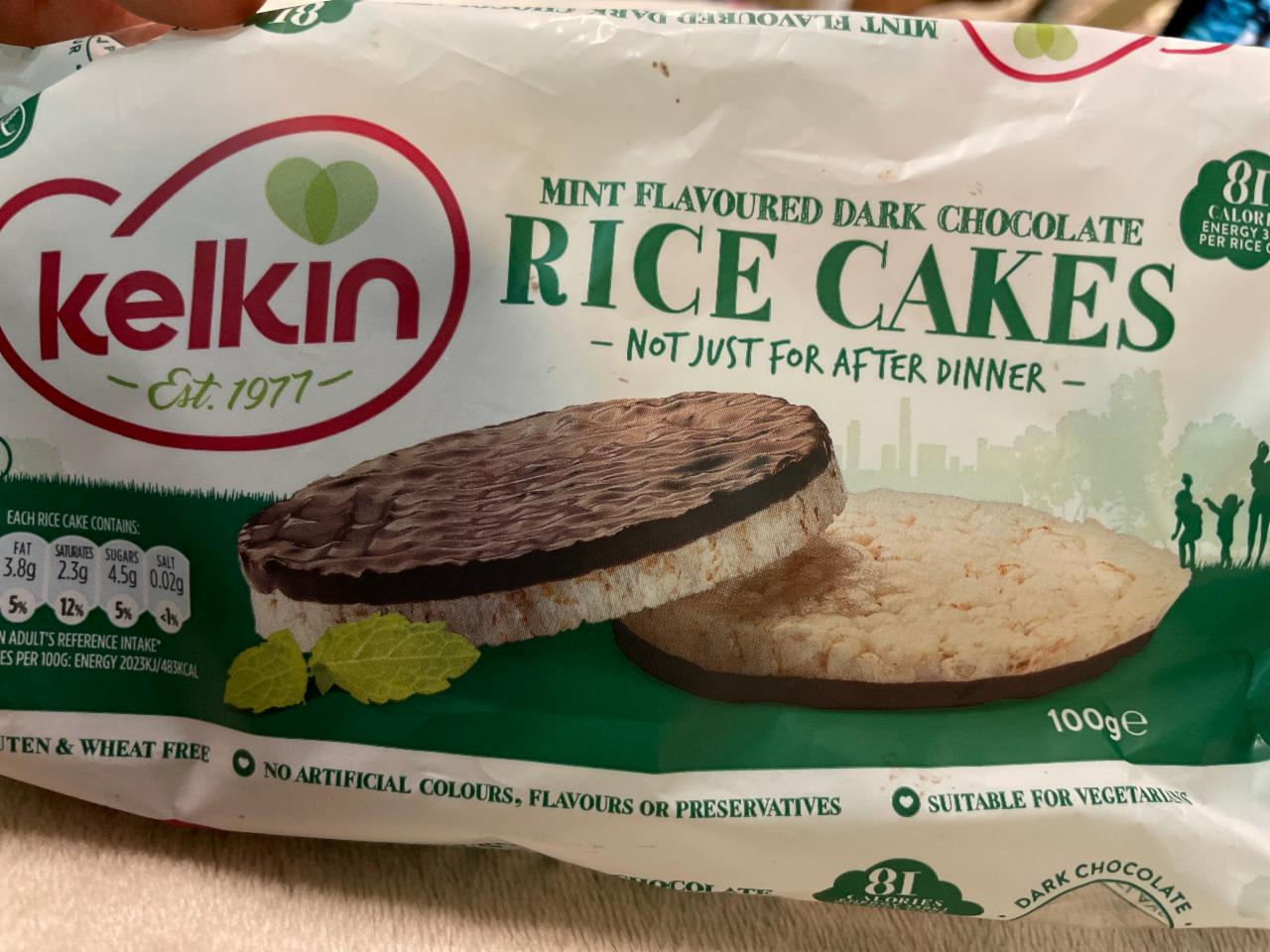 Fotografie - Rice cakes Mint flavoured dark chocolate Kelkin