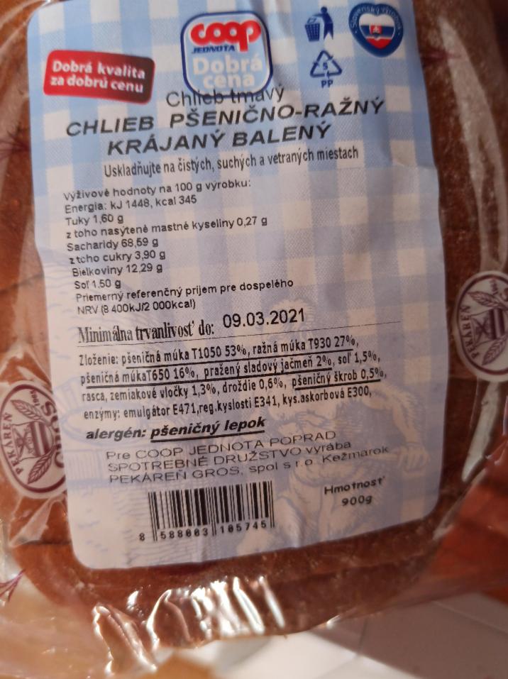 Fotografie - chlieb pšenično-ražný krájaný balený Chlieb tmavý Coop