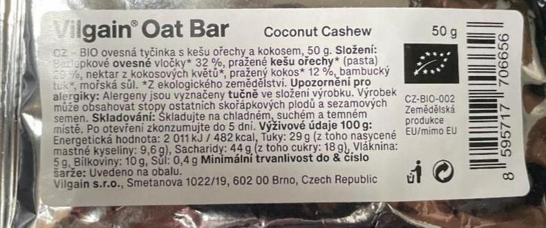 Fotografie - Oat Bar Coconut Cashew Vilgain